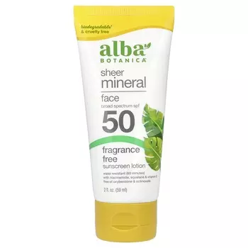 Alba Botanica, Минеральный солнцезащитный крем для лица, SPF 50, без запаха, 2 жидких унции (59 мл)