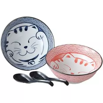 Ale-net Ramen Donburi, Ramen Bowl, Set of 2, with Astragalus, Sea Wave Cat, Noodle Bowl, Pair, Porcelain, Mino Ware, Made in Japan