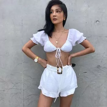 Alexia. L Fashion Ins Imitation Cotton and Linen Bohemia Island Holiday Chic High Waist Beach Ruffles Shorts White M