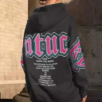 Алфавит Американский Винтаж Письмо Печатный Капюшон Свободный Длинный Рукав Толстовка Женская XXL дубильная кора