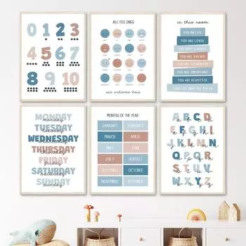 Алфавит, арабские цифры, образовательные настенные художественные картины на холсте, плакаты на скандинавскую тему и принты, настенные панно для детской комнаты, декор для детской комнаты A4 21X30cm No Framed