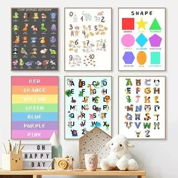 Алфавит цифры настенное искусство холст милые животные буквы постер для детской комнаты декор декор для гостиной спальни 21cm30cm NoFrame