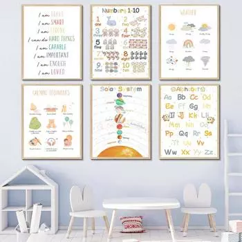 Алфавит, номер, планета, погода, детская настенная живопись, холст, живопись, плакаты на скандинавскую тему и принты, настенные панно для декора детской комнаты A4 21X30cm No Framed