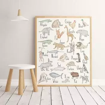 Алфавит с животными Печать ABC Детская Настенная Живопись Холст Картина Детские Подарки Образовательный Плакат Детская Комната Настенная Картина Домашний Декор 21x30cm No Framed