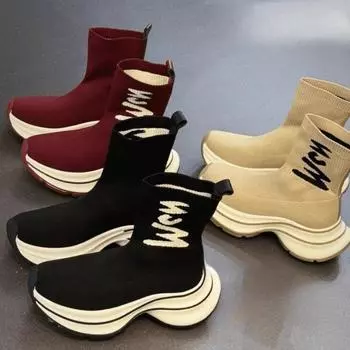Алфавит вязаные эластичные носки обувь женские толстые подошвы увеличивающие рост модные удобные сто сто соответствующие середина голени узкие сапоги 35 чёрный