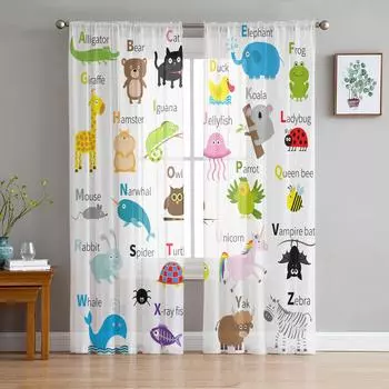 Алфавит Животные Мультфильм Шифон Прозрачные Шторы Для Гостиной Спальни Украшения Дома Окно Вуаль Тюль Шторы Шторы W135 x H114cm