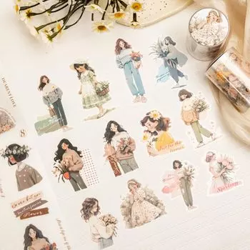 Alideco Маскировочная Милая Ретро Французский Рустик Девочка 55 мм Шириной x 2 м ПЭТ Клейкая Широкая Стильная Маскировочная Наклейка Набор из 6 Штук Лента, Дизайн, Прозрачная, Водостойкая