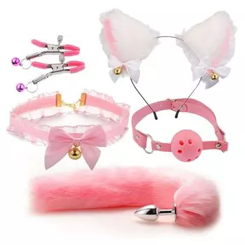 Alip Анальная пробка Хвост Милая повязка на голову с кошачьими ушками Ошейник-чокер Человеческая морда Sm Зажим для сосков Атака на соски Товары для взрослых SM Товары с лентой и чистым звуком