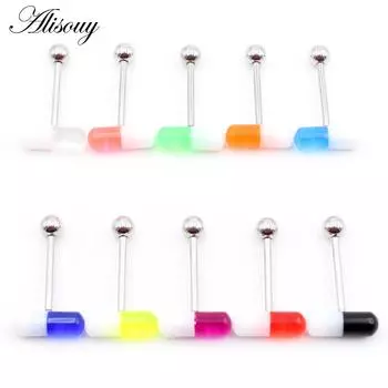 Alisouy, 1 шт., акриловые двухцветные капсульные стальные шариковые кольца для языка, стержни для мужчин и девочек, 14 г, промышленные штанги, пирсинг, украшения для тела