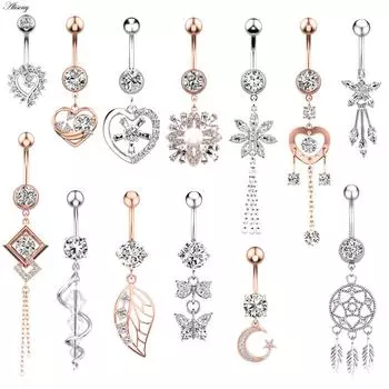 Alisouy 1 шт., хирургическая сталь, кристалл, циркон, цветок, сердце, лист, бант, висячая кнопка, кольцо для пирсинга пупка, кольцо для живота, украшения для тела Style 1 Steel