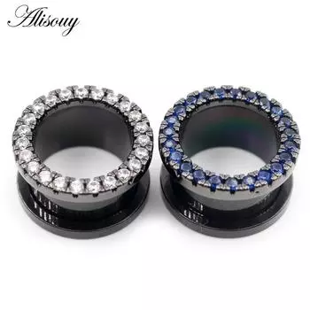 Alisouy 1 шт., инкрустация из нержавеющей стали, нить из кубического циркона, ушные манометры, туннельные заглушки, расширитель, носилки, серьги, пирсинг, украшения для тела 6mm чистый