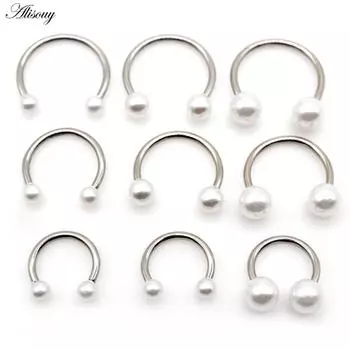 Alisouy 1 шт., нержавеющая сталь, 16 г, жемчуг, круглая подкова C, зажим для губ, носа, пирсинг козелка, перегородки, кольцо, спиральная серьга для хряща #1 1.2*8*3mm