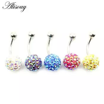 Alisouy 1 шт., нержавеющая сталь AB, цветной циркониевый шар с цирконием, сексуальный шар, кольцо для пупка, пирсинг пупка, кольцо на пуговицах для девочек, украшения для тела