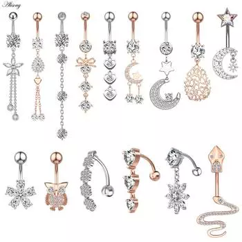 Alisouy 1 шт. Стальное циркониевое кристаллическое сексуальное кольцо для живота сова звезда луна сердце цветок пупок пирсинг женское кольцо-пуговица ювелирные изделия Style 10 серебряный