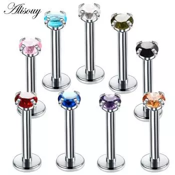 Alisouy 1 шт., стальные кольца для губ, внутренняя резьба, губная серьга, пирсинг, спиральные серьги, кольца для пирсинга козелка, стержни, зубец, драгоценный камень, украшения для тела #1 1.2*6*3mm чёрный