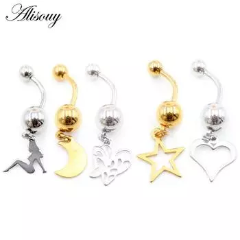 Alisouy 1PC Girl Star Heart Buttfly Moon Нержавеющая сталь Пупок Кольца Пирсинг Nombril Ombligo Женские Украшения Для Тела Style 1 серебряный