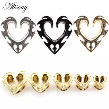 Alisouy 1PC Медный сплав Литье Сердце Любовь Седло Ушные туннели Заглушки Расширитель Растяжитель Измерители Серьги Пирсинг Украшения для тела 8mm серебряный