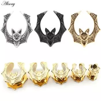 Alisouy 1PC Медный сплав Литье Животное Летучие мыши Седло Ушные туннели Заглушки Расширитель Растяжитель Измерители Серьги Пирсинг Украшения для тела 8mm серебряный
