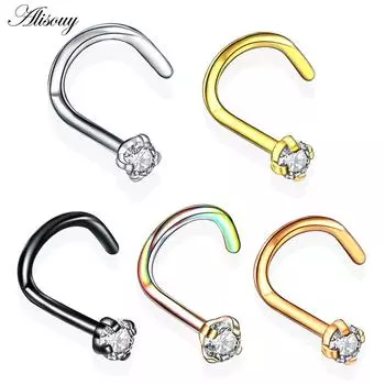 Alisouy 1PC Нержавеющая сталь Кристалл Нос Кольца Пирсинг Розового Золота Цвета Винт Назир Ноздря Серьги-гвоздики Украшения Для Тела 20G серебряный