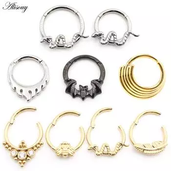 Alisouy 1PC Нержавеющая сталь Летучая мышь Пчела Змея Лист Нос Кольцо Daith Пирсинг Украшения Серьги-кольца для козелка хряща Спиральные серьги Style6 1.2x10mm серебряный