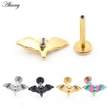 Alisouy 1PC Нержавеющая сталь Летучая мышь Внутренняя резьба Козелок Улитка Лабрет Губные Кольца Серьги Для Пирсинга Хряща Украшения Для Тела серебряный