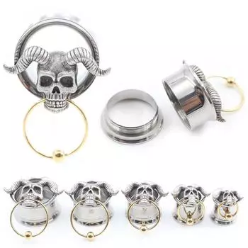 Alisouy 1PC Нержавеющая сталь Рог быка Череп Круглый кулон Ушные туннели Пробка Расширитель Расширитель Расклешенные калибры Пирсинг Украшения для тела 8mm