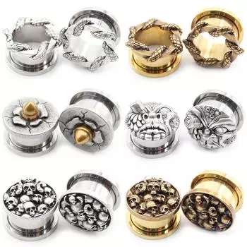 Alisouy 1PC Нержавеющая сталь Змея Череп Цветок Пуля Ушной туннель Пробка Расширитель Растяжитель Измеритель Серьги Пирсинг Украшения для тела 8mm