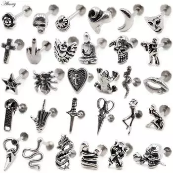 Alisouy 1PC нержавеющая сталь звезда луна крест змея череп козелок спираль бар лабрет губное кольцо хрящ ухо серьга пирсинг ювелирные изделия