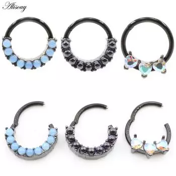 Alisouy 1PC Опал Камень Сердце Циркон Нержавеющая сталь Нос Кольцо Серьги Daith Хрящ Козелок Спираль Серьги Пирсинг Ювелирные Изделия