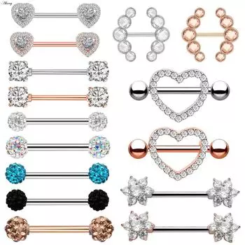 Alisouy 2 шт. 14 г сердце цветок кубический цирконий кристалл нержавеющая сталь сексуальное женское кольцо щит штанга пирсинг украшения для тела
