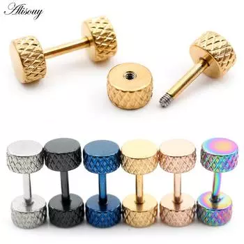 Alisouy 2 шт. машинная резьба цилиндр нержавеющая сталь мужчины женщины штанга гантели серьги гвоздики козелок пирсинг ювелирные изделия серебряный