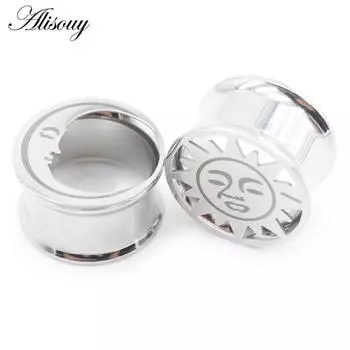 Alisouy, 2 шт., нержавеющая сталь, круглые двойные расклешенные туннели для ушей, Солнце и Луна, заглушки-расширители, носилки, ювелирные изделия для пирсинга 10mm