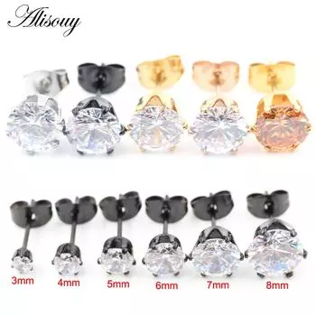Alisouy 2 шт., нержавеющая сталь, круглый кубический цирконий, кристалл CZ, женские и мужские серьги-гвоздики, хрящ для козелка, пирсинг, ювелирные изделия 3mm чистый