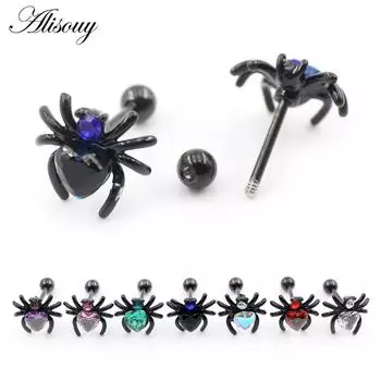 Alisouy 2 шт., нержавеющая сталь, паук, сердце, круглый циркониевый шар, женские, мужские, для девочек, серьги-гвоздики с резьбой для хряща, пирсинг, ювелирные изделия