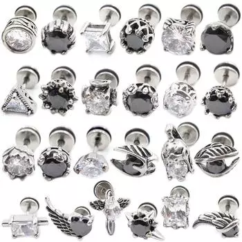 Alisouy 2 шт., нержавеющая сталь, треугольное сердце, квадрат, овал, циркон, крыло, мужские серьги-гвоздики, хрящ для козелка, пирсинг, ювелирные изделия Style1 серебряный