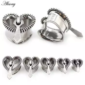 Alisouy 2 шт., нержавеющая сталь, застежка-молния, полые сердечки для ушей, заглушки, расширители, растяжители, серьги, пирсинг, украшения для тела 8mm