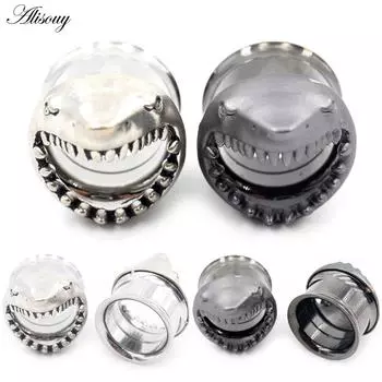 Alisouy 2 шт., нержавеющая сталь, зубы акулы, круглые, двойные, расклешенные, ушные туннели, пробки, расширители, растяжители, пирсинг, ювелирные изделия 6mm серебряный