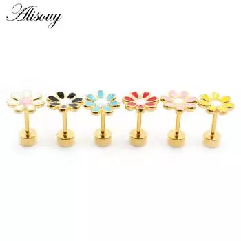 Alisouy 2 шт. новые серьги-гвоздики из нержавеющей стали для женщин и девочек с цветочной эмалью и опалом, серьги-гвоздики для козелка, хрящевой спирали, ювелирные изделия для пирсинга белый
