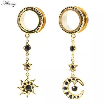 Alisouy 2 шт. подвеска из нержавеющей стали с изображением солнца, луны, звезды, циркония, ушной туннель, расширители для плоти, растяжители, пирсинг, украшения для тела 6mm