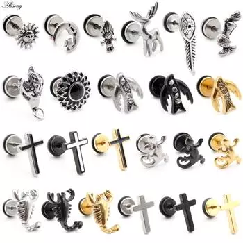 Alisouy 2 шт., серьги-гвоздики из нержавеющей стали с дельфином, ящерицей, солнцем и луной, крест CZ, для женщин и мужчин, серьги-гвоздики для козелка, спираль, ювелирные изделия для пирсинга хряща