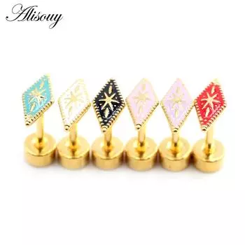 Alisouy, 2 шт., серьги-гвоздики с розовым ромбом и квадратной эмалью из нержавеющей стали для женщин и девочек, серьги-гвоздики для козелка, хрящевой спирали, ювелирные изделия для пирсинга белый