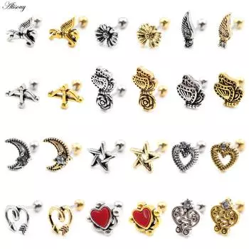 Alisouy 2 шт., серьги-гвоздики со звездой, сердцем, цветком, бабочкой, лунным крылом, 20 г, медный стальной стержень, серьги-гвоздики для пирсинга ушей, хряща, козелка, спирали #1 серебряный