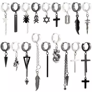 Alisouy 2 шт., серьги из нержавеющей стали со звездой, крестом, змеей, шипом, черепом, мечом, лезвием, цепью, перьями паука, висячие серьги-кольца для женщин и мужчин #1 серебряный