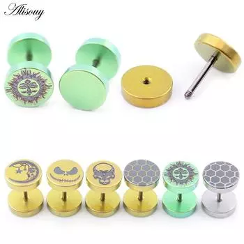 Alisouy 2 шт. зеленые титановые соты солнце луна звезда череп лицо тыква голова унисекс гантели штанга пирсинг серьги-гвоздики A Steel Honeycomb