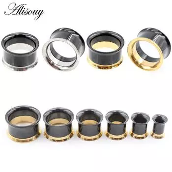 Alisouy 2PC нержавеющая сталь нить полые ушные заглушки для туннеля расширитель растяжитель двойные расклешенные калибры серьги пирсинг ювелирные изделия 6mm чёрный/серебряный