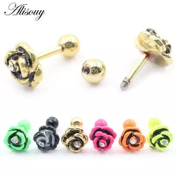 Alisouy 2PC Роза Цветок Нержавеющая сталь Карамельный цвет Выпекаемая краска Цирконий Серьги-гвоздики для хряща козелка ушной раковины Пирсинг Украшения чёрный