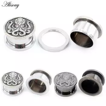 Alisouy 2PCS 8mm-25mm Retro Octopus Нержавеющая сталь Ушные туннели Заглушки Расширитель Растяжитель Калибр Серьги Пирсинг Украшения для тела 8mm серебряный