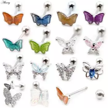 Alisouy 2PCS Бабочка смолы циркон шарик нержавеющая сталь для женщин и мужчин серьги гвоздики хрящ козелок ушной раковины пирсинг ювелирные изделия