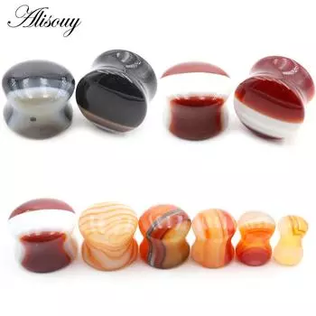 Alisouy 2PCS изогнутые полосатые натуральные камни расклешенные ушные туннели пробки растягиватели плоти расширители калибры серьги пирсинг украшения для тела 6mm
