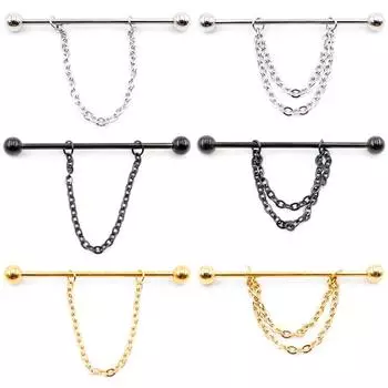 Alisouy 2PCS Круглая Цепочка Шариков Длинная Нержавеющая Сталь Промышленная Штанга Серьги Для Хряща Уха Прямые Серьги-Шпильки Пирсинг Украшения Для Тела Style1 серебряный